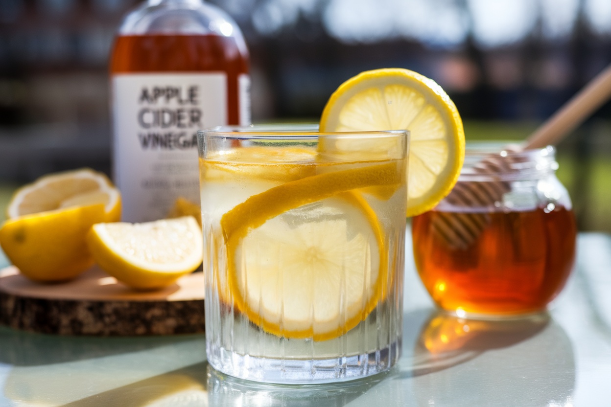 Brazilian natural Mounjaro recipe drink with apple cider vinegar, lemon slices, and honey on a wooden board