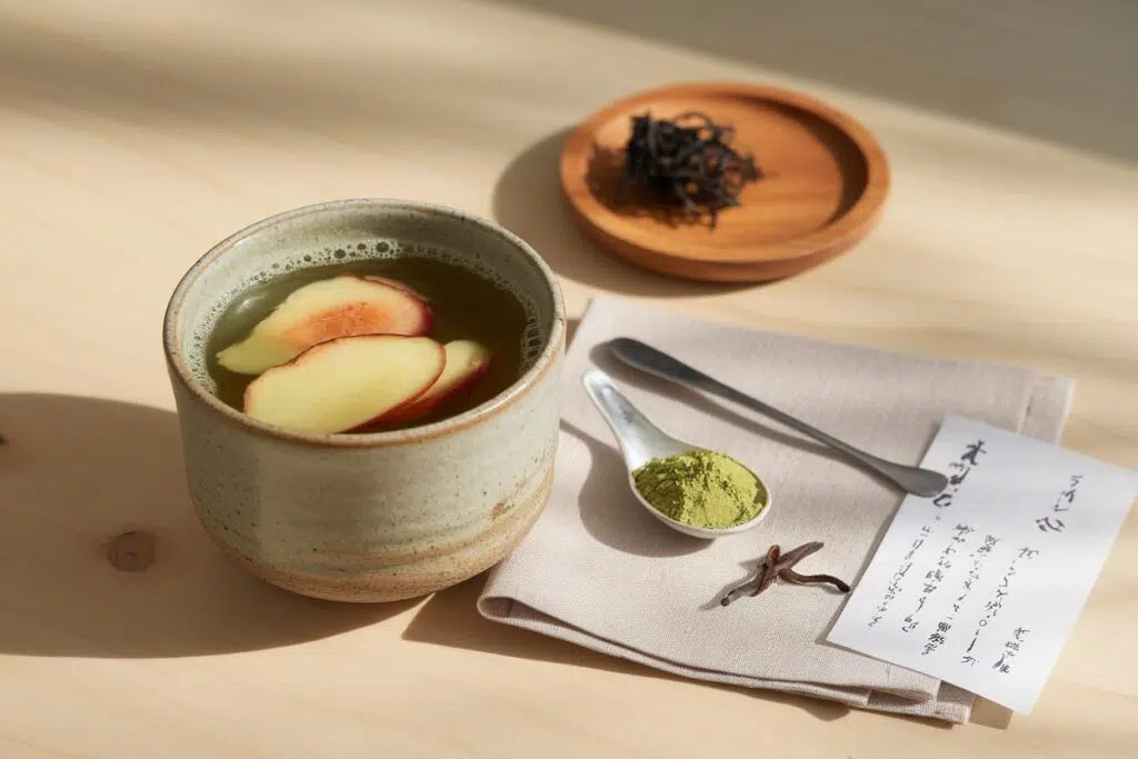 Japanese Mounjaro recipe detox drink made with matcha, ginger, kombu, and umeboshi plum in a ceramic cup