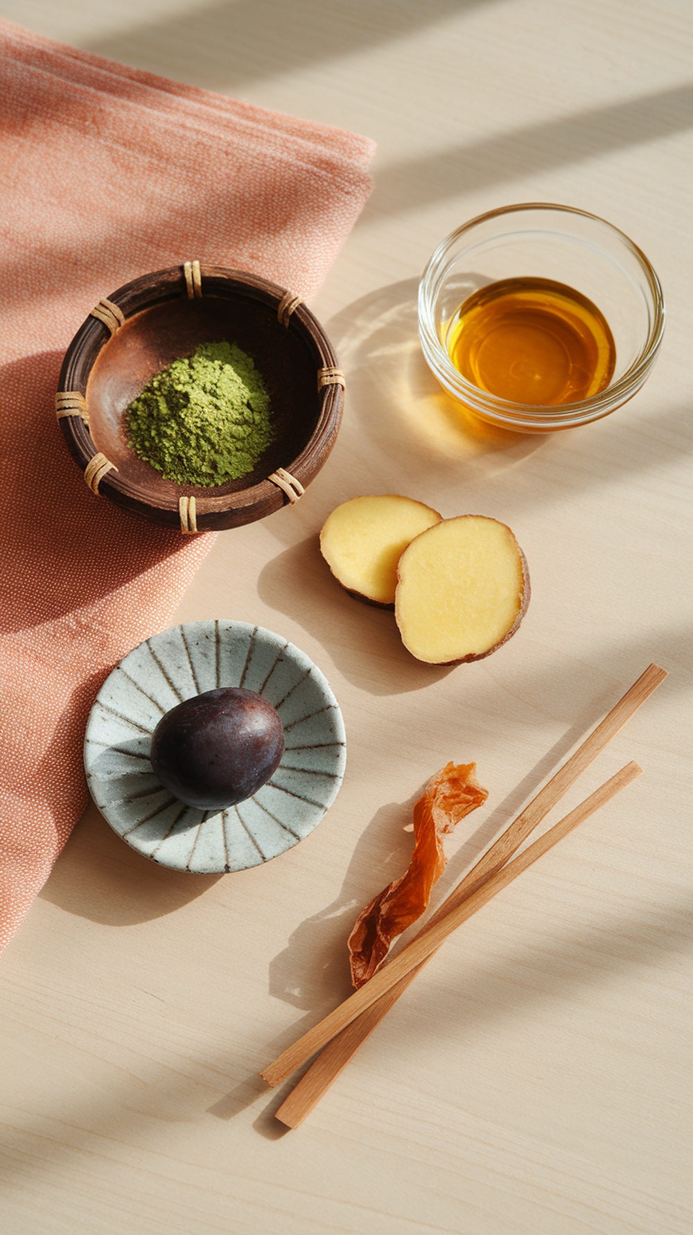 Key ingredients of the Japanese Mounjaro recipe including matcha powder, umeboshi plum, kombu, ginger, and honey