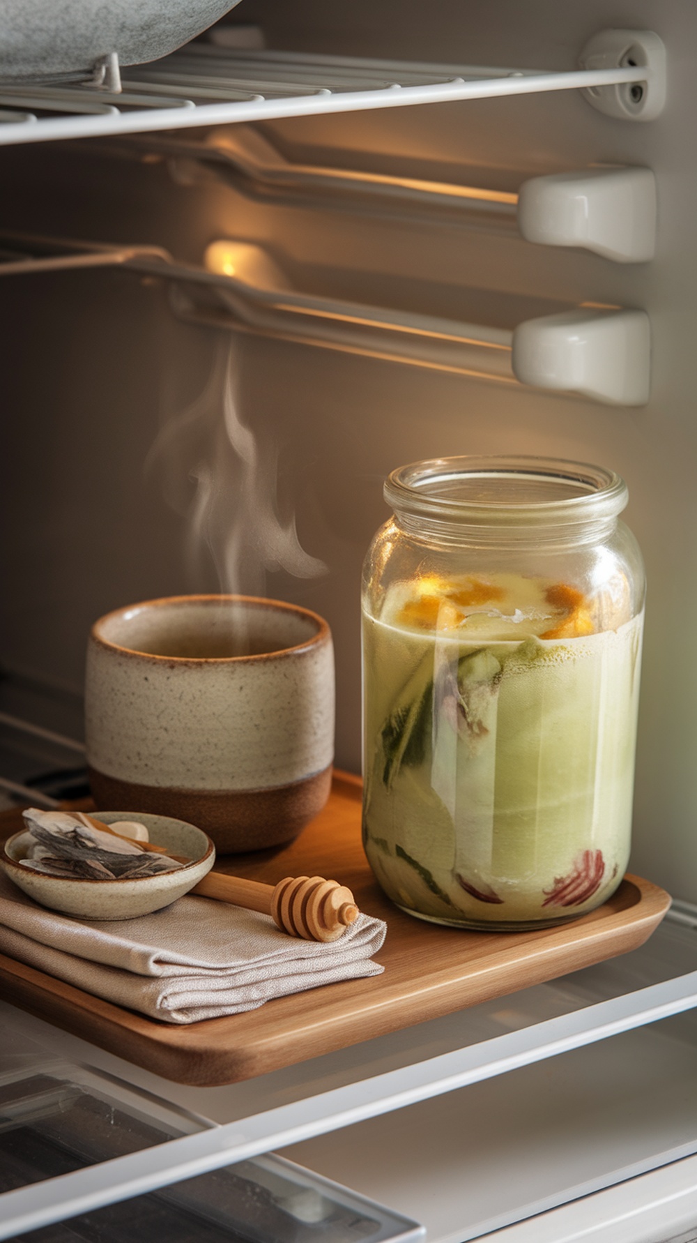 Japanese Mounjaro recipe shown in a jar for storage and a warm cup ready to serve with matcha, ginger, and umeboshi