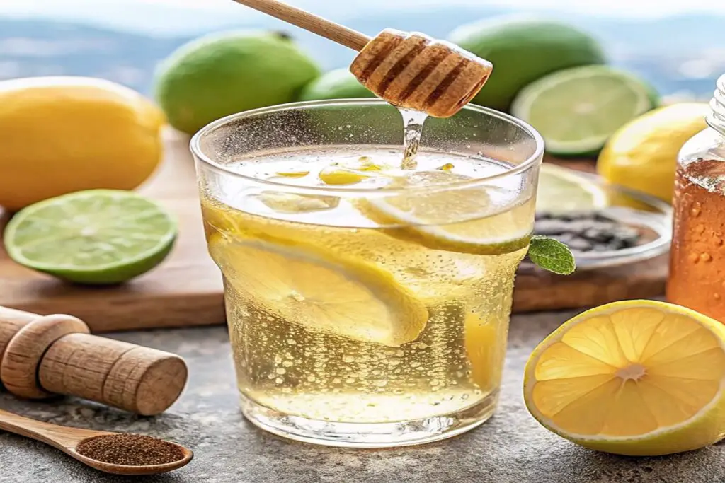 Natural Mounjaro recipe drink with lemon, honey, and warm water surrounded by fresh citrus ingredients