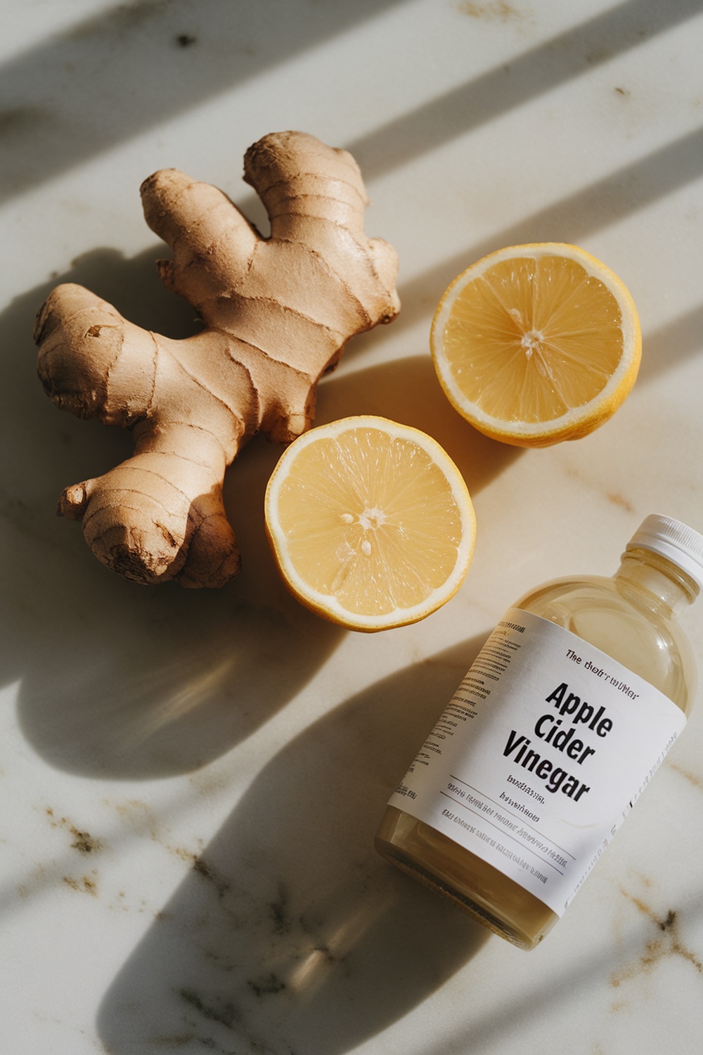 Ingredients for trifecta weight loss drink recipe – ginger, lemon, and ACV
