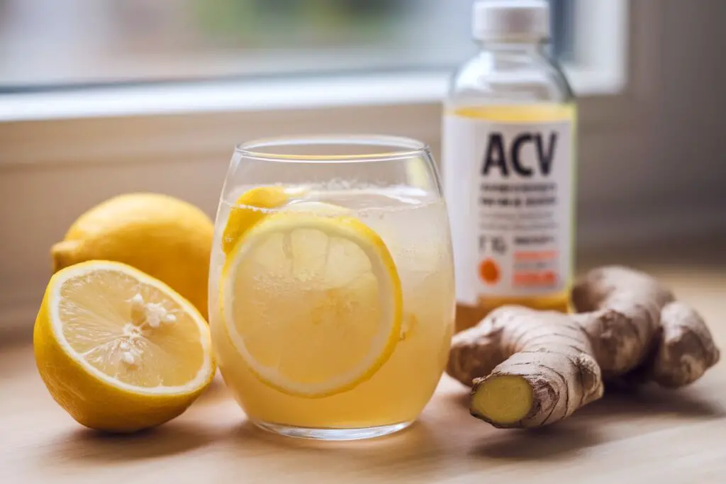 Close-up of trifecta weight loss drink recipe in a glass with fresh ingredients