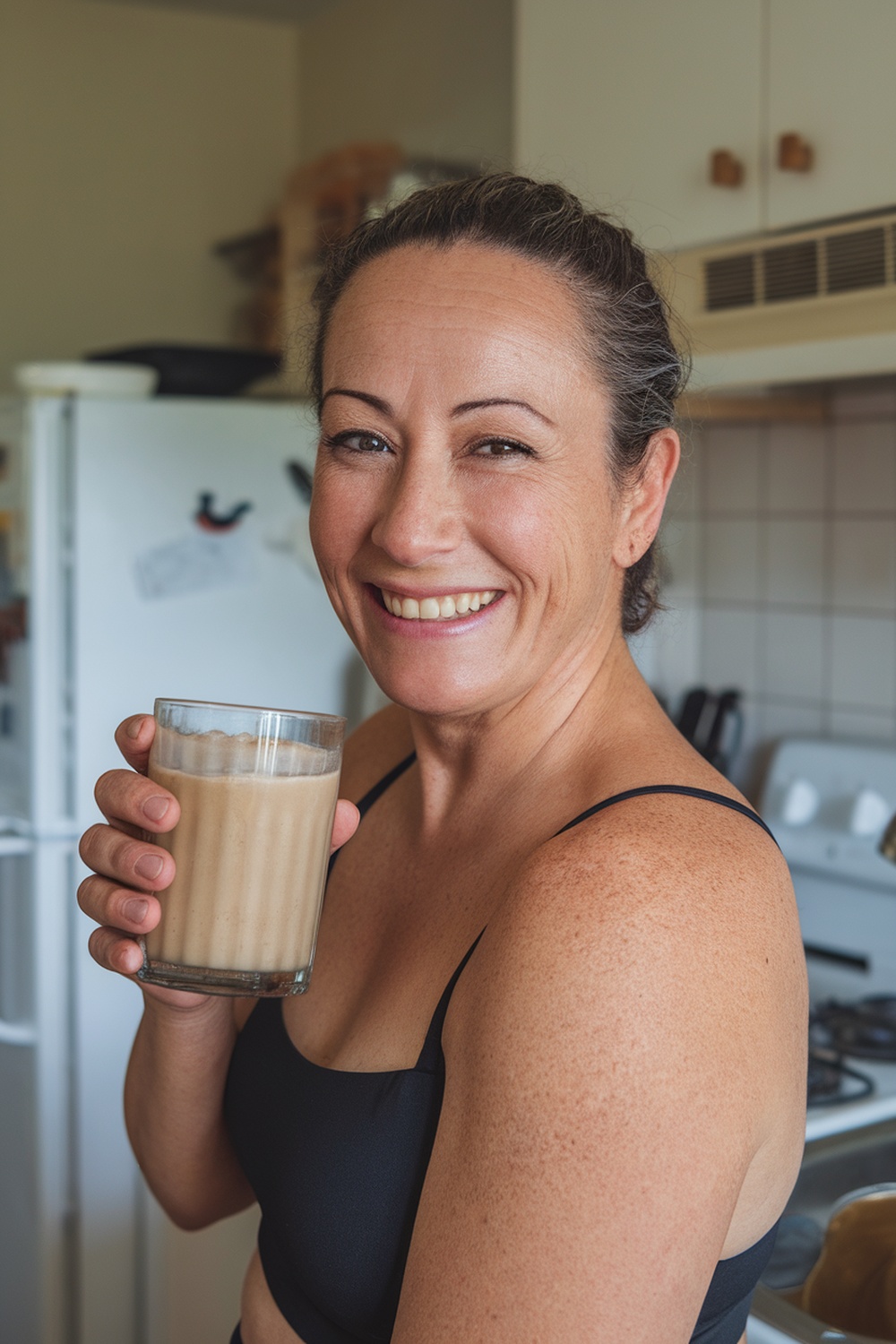 Woman enjoying trifecta weight loss drink recipe with success results