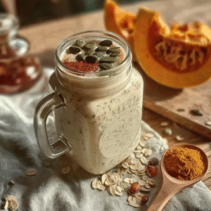 Bariatric pumpkin seed recipe with oats in a mason jar topped with pepitas and spice