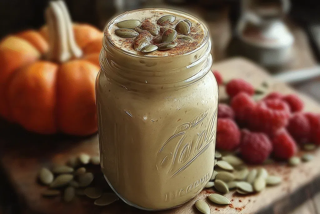 Bariatric pumpkin seed recipe creamy blend in a mason jar topped with pepitas