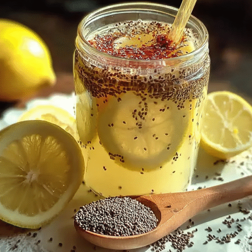 Lemon chia bariatric seed trick recipe for weight loss in a glass jar with wooden spoon