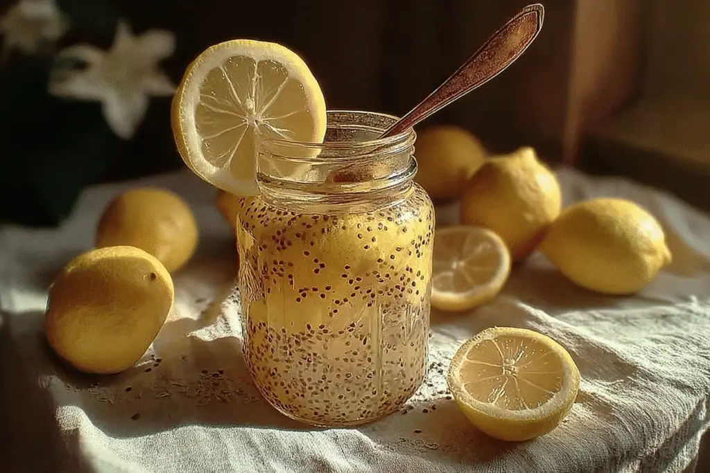 Bariatric seed trick recipe for weight loss with lemon chia drink in glass jar