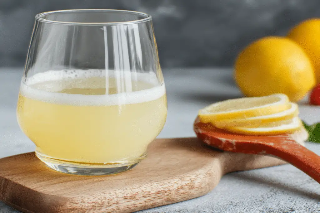 Glass of Popeyes Pickle Lemonade with fresh lemon slices on a wooden board