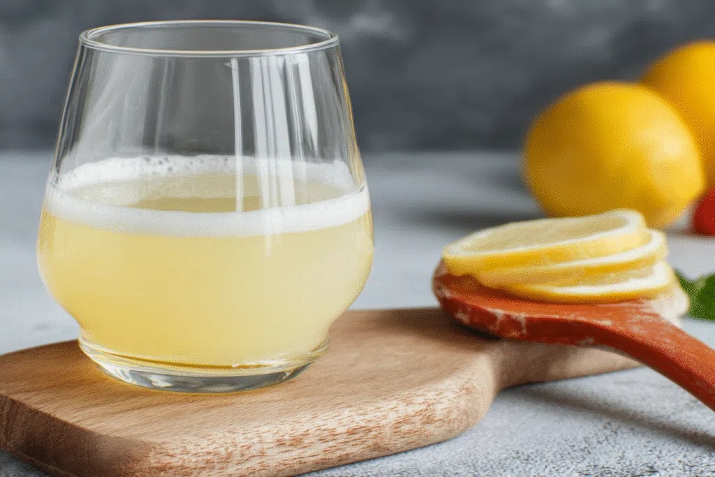 Glass of Popeyes Pickle Lemonade with fresh lemon slices on a wooden board