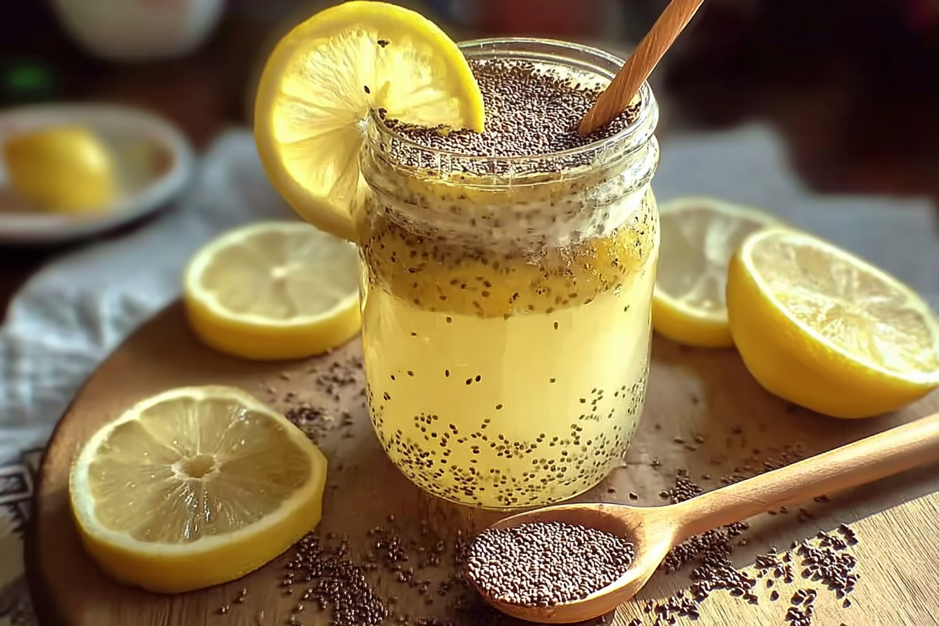 Bariatric lemon chia seed tonic in a mason jar with sliced lemons on a wooden board