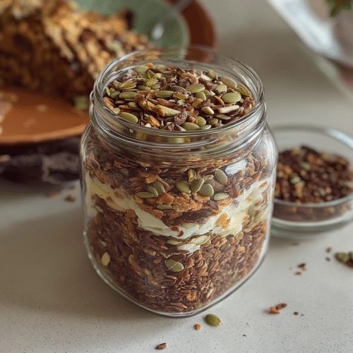 Glass jar filled with high-protein bariatric seed mix layered with yogurt on a kitchen counter