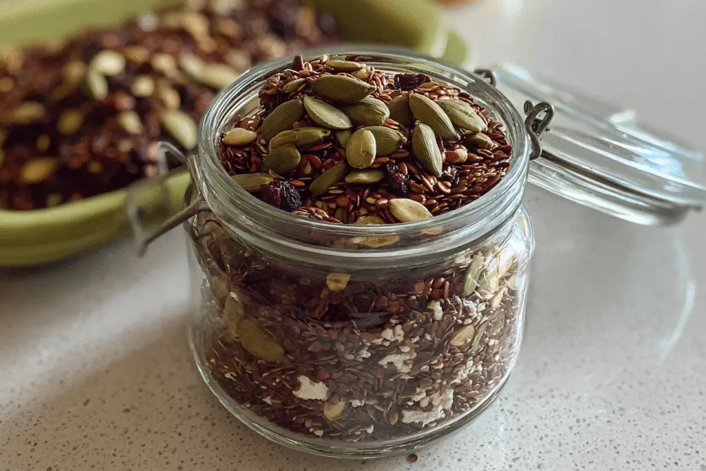 Glass jar filled with flaxseeds, pumpkin seeds, and dried cranberries for bariatric seed ritual recipe