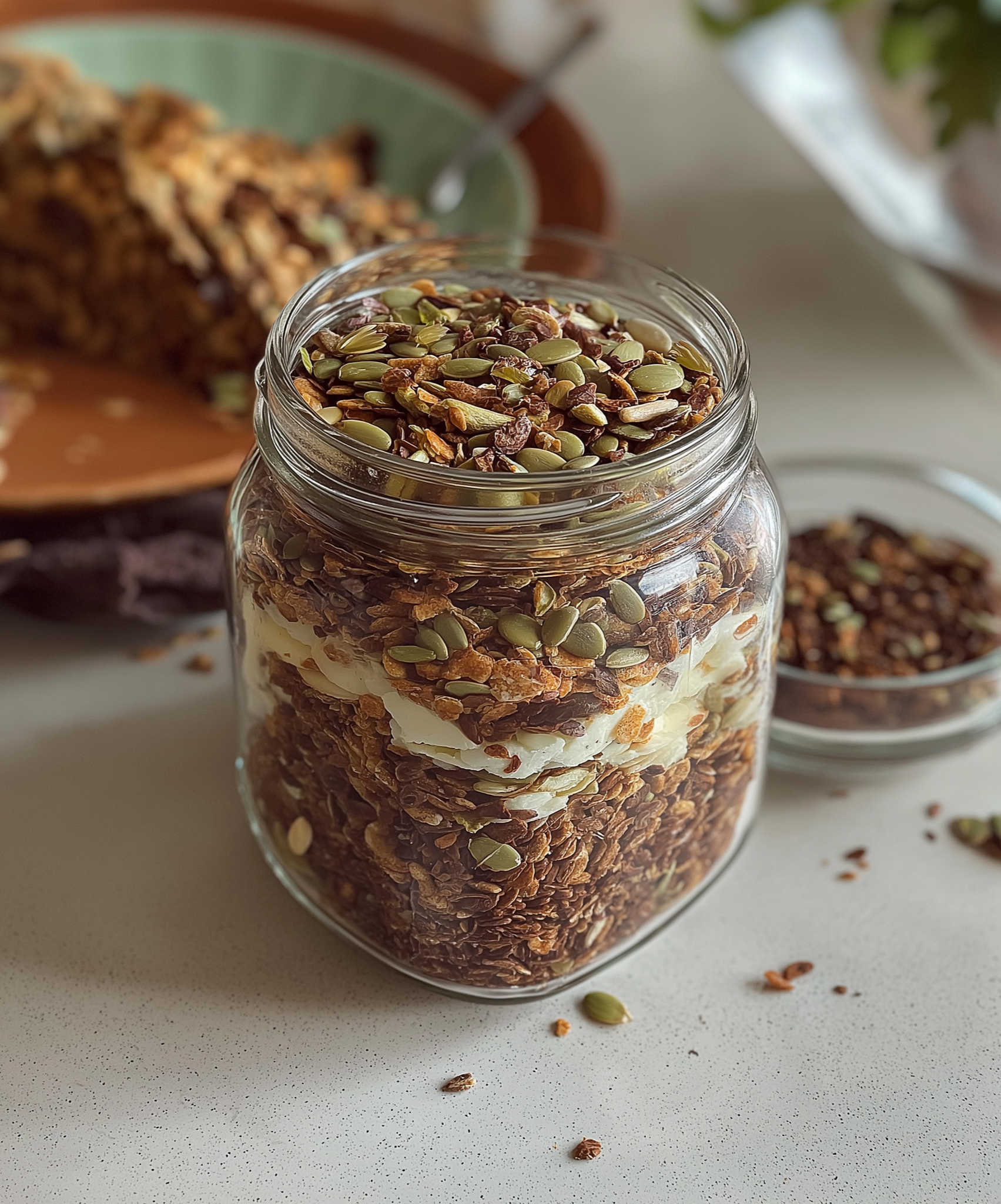 Glass jar filled with high-protein bariatric seed mix layered with yogurt on a kitchen counter
