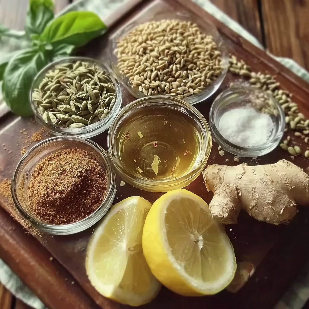 Bariatric seed tea recipe ingredients including fennel seeds, cumin, ginger, lemon, and honey arranged on a wooden board