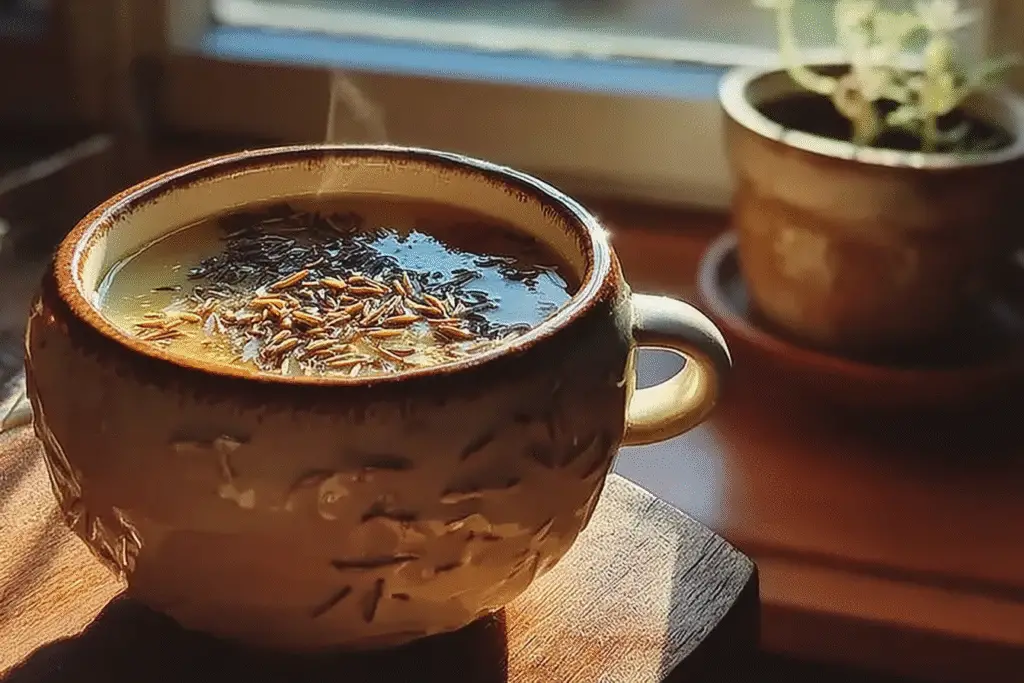 Bariatric seed tea recipe with cumin and fennel seeds served hot in a ceramic cup by the window