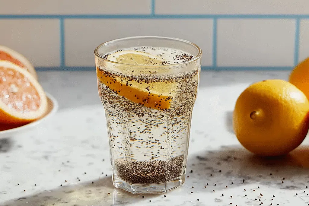 Glass of bariatric seed tonic with chia seeds, lemon slice, and water on a marble counter