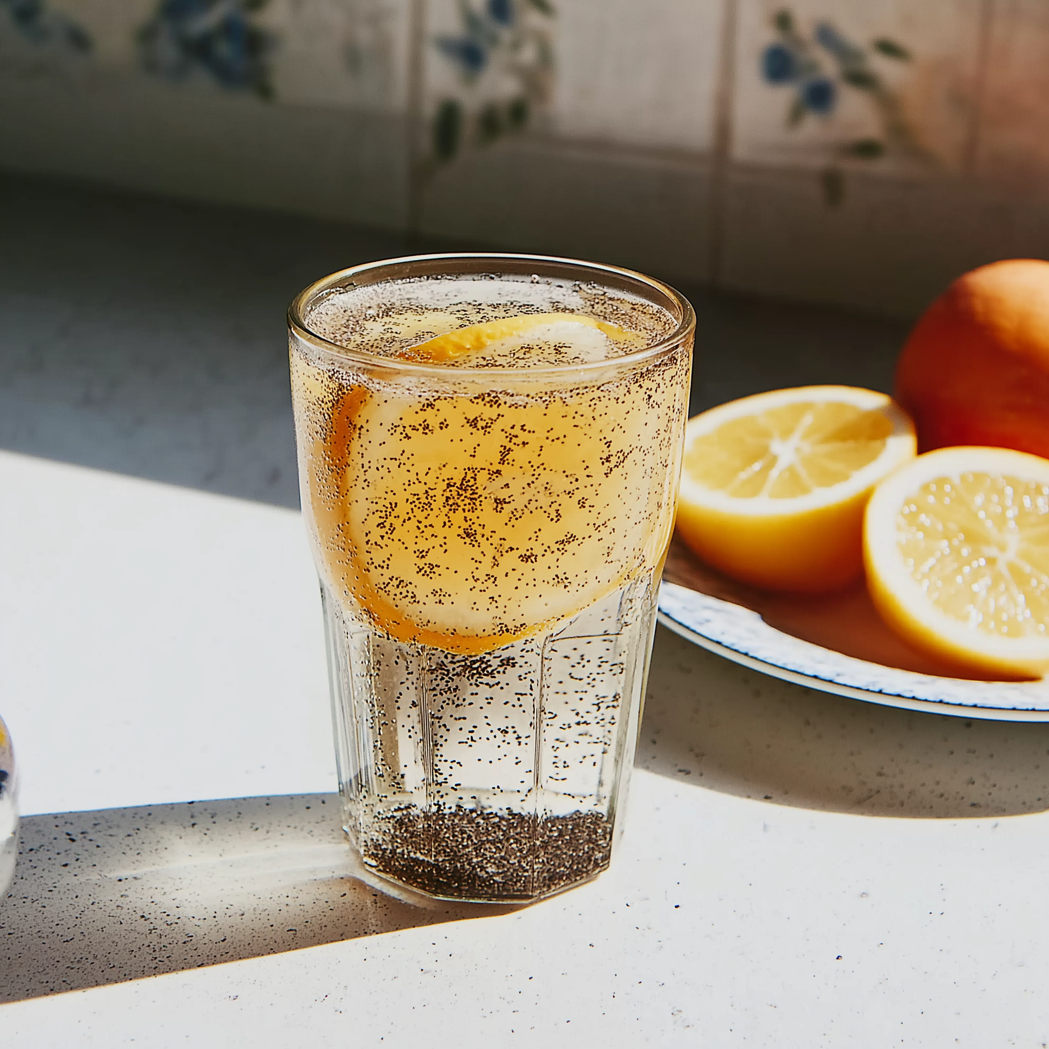 Bariatric seed tonic recipe with chia and lemon in a clear glass, shown with fresh lemon slices in sunlight