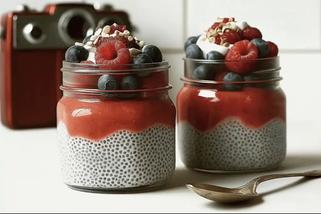High-protein bariatric chia pudding with berries and Greek yogurt in glass jars