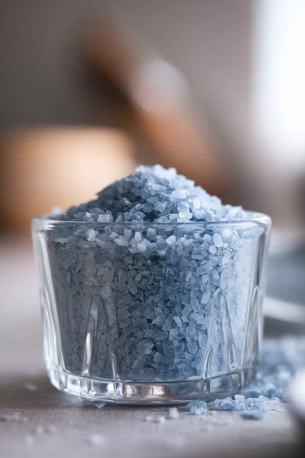 close-up of blue salt crystals in a classic glass cup