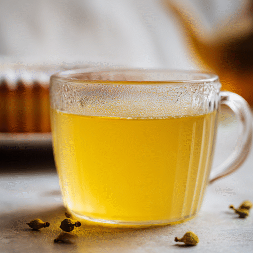 A clear glass mug filled with golden cortisol tea recipe surrounded by cardamom pods on a light surface