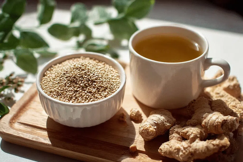 A cup of cortisol-lowering tea with fresh ginger and sesame seeds on a wooden tray