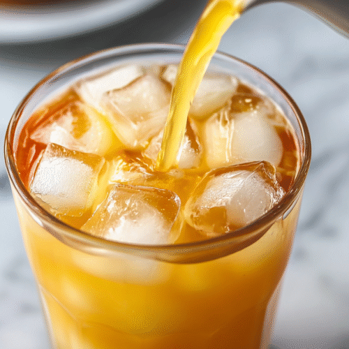 Cortisol water recipe poured into a glass of ice with turmeric and herbal tea