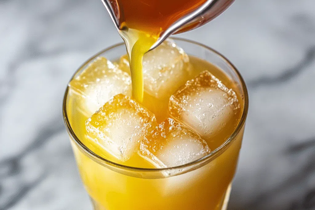 Cortisol water recipe with turmeric, ginger, lemon, and ice served in a glass