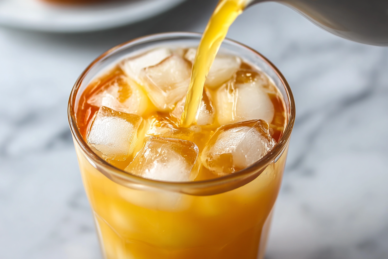Cortisol water recipe poured into a glass of ice with turmeric and herbal tea