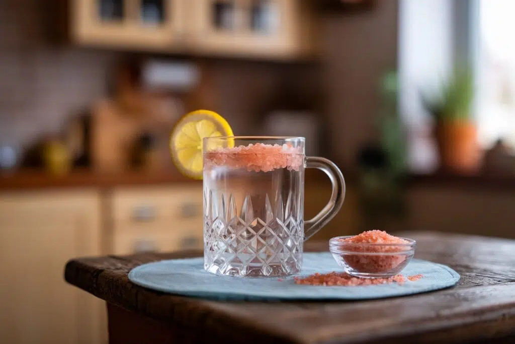 Traditional crystal mug of Himalayan salt water with lemon – himalayan salt hack recipe