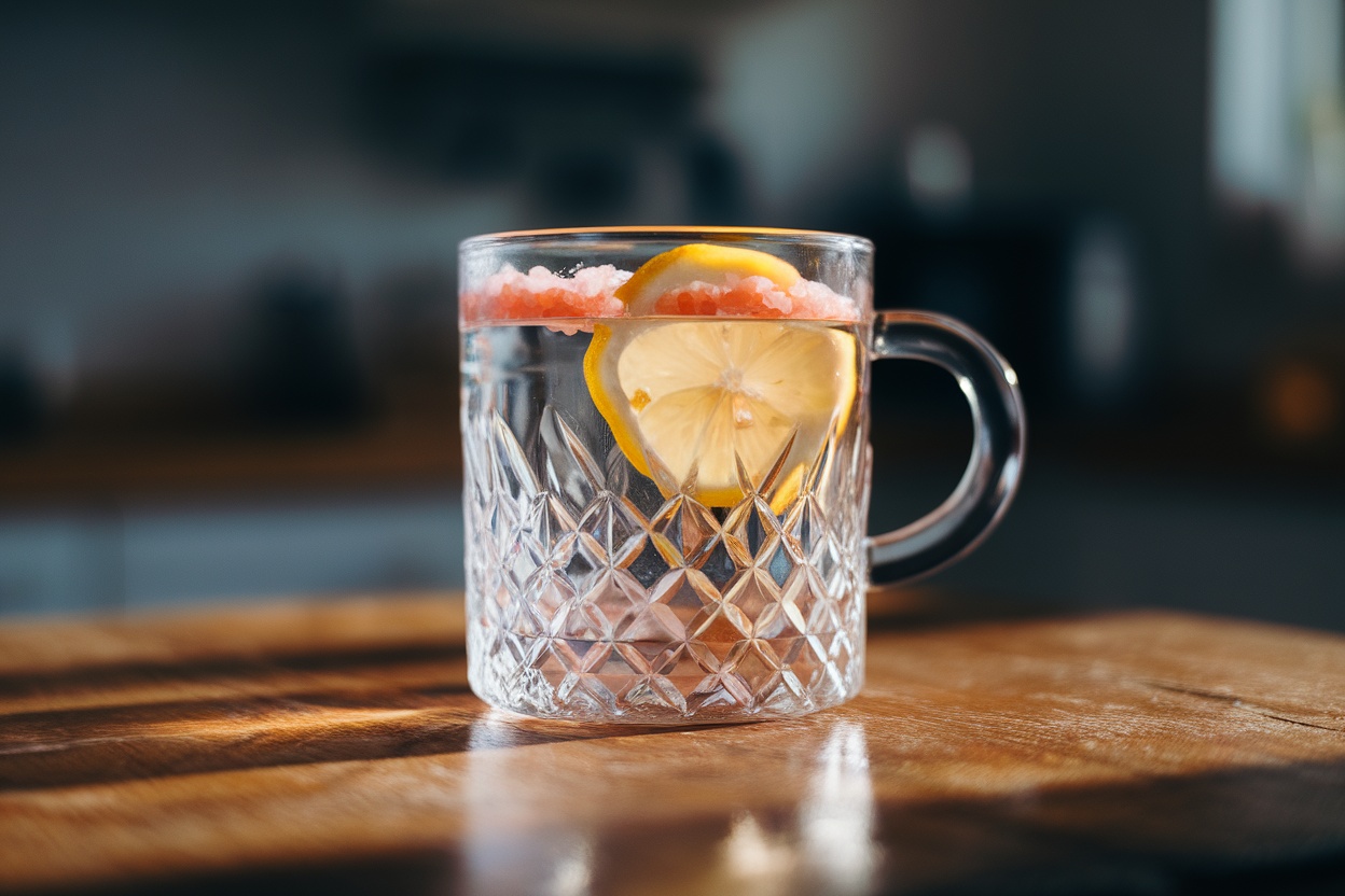 Glass of pink Himalayan salt water on kitchen table – himalayan salt hack recipe