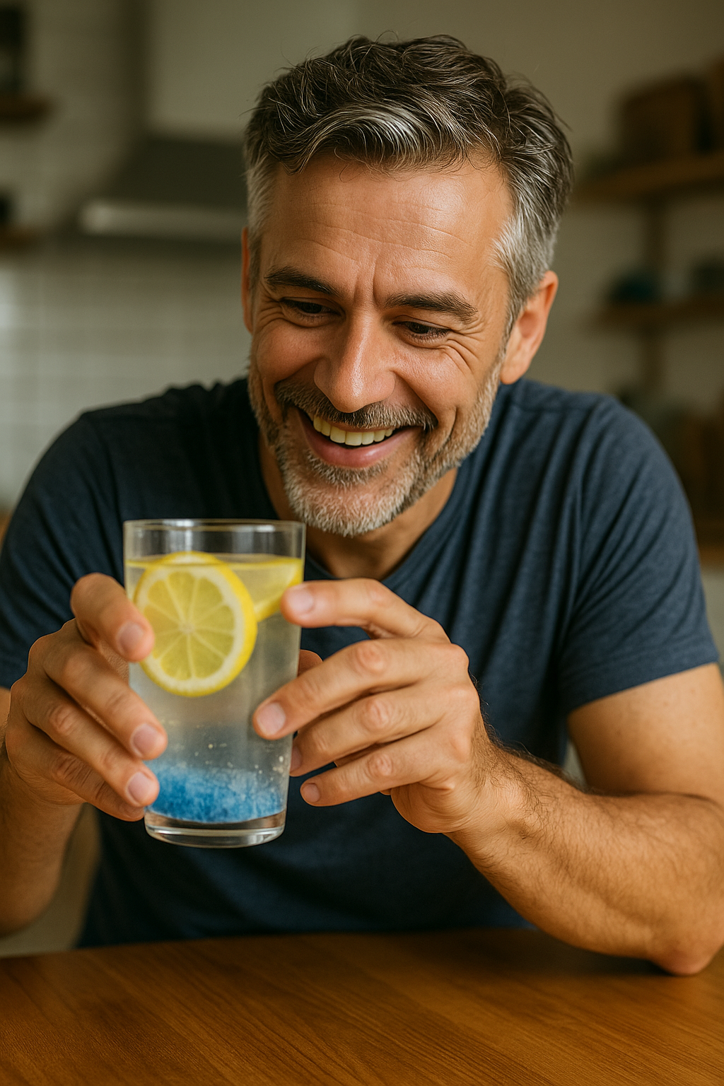 middle-aged man holding a glass of blue salt trick for men recipe