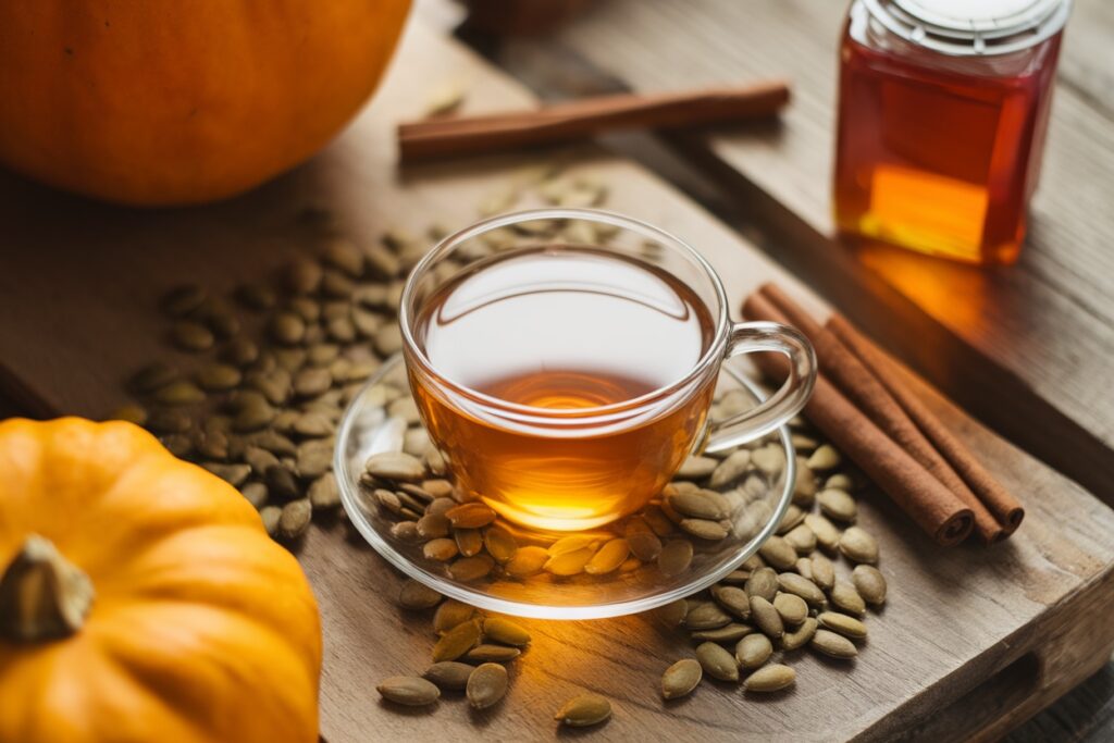 Pumpkin seed tea for weight loss made with raw pumpkin seeds, shown with ingredients and benefits