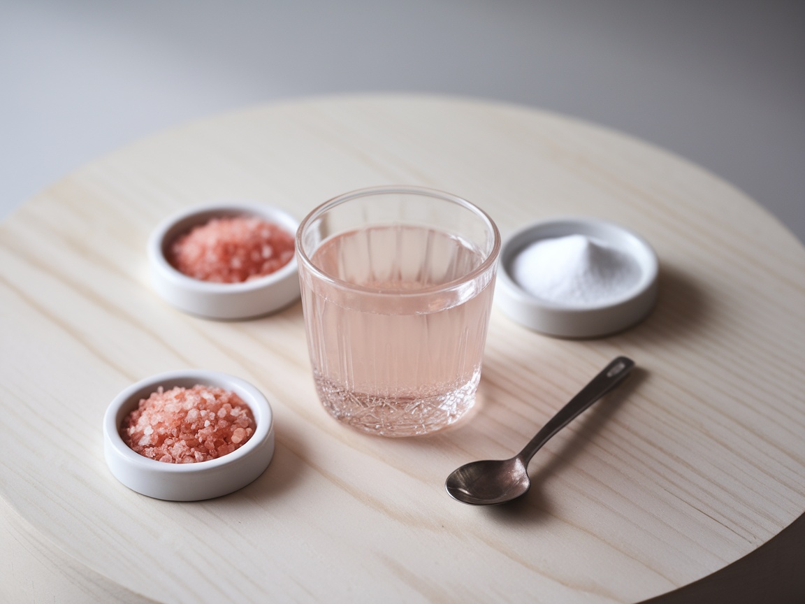 Zoomed-in view of a glass filled with the pink salt trick recipe with baking soda