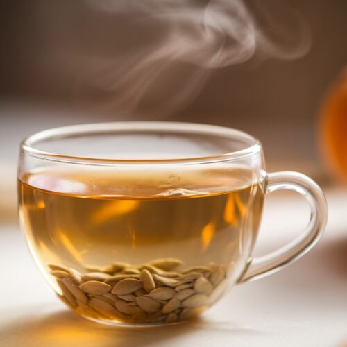 Close-up of pumpkin seed tea in a clear cup with warm golden color and visible steam