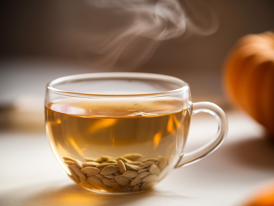 Close-up of pumpkin seed tea in a clear cup with warm golden color and visible steam