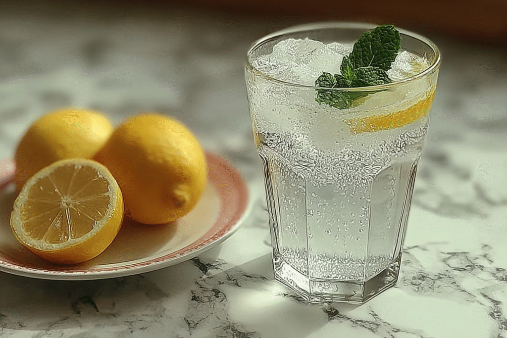 Glass of ice water with baking soda, lemon slices, and mint next to fresh lemons on a marble counter