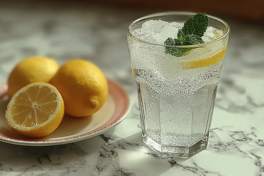 Glass of ice water with baking soda, lemon slices, and mint next to fresh lemons on a marble counter