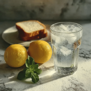 Glass of ice water with baking soda next to lemons, mint leaves, and bread slices on a marble surface
