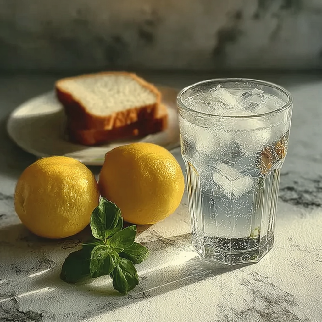 Glass of ice water hack with baking soda next to lemons, mint leaves, and bread slices on a marble surface