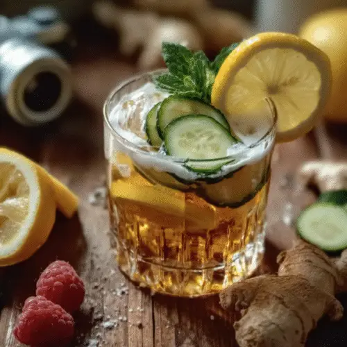 Glass of ice water hack recipe with lemon, cucumber, ginger, and mint on wooden table
