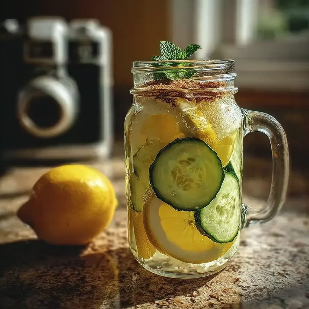 Mason jar filled with ice water hack to lose weight recipe, cucumber slices, lemon wedges, mint leaves, and cinnamon on a kitchen counter