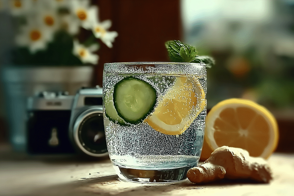 Glass of ice water with lemon, cucumber, mint, and ginger for weight loss