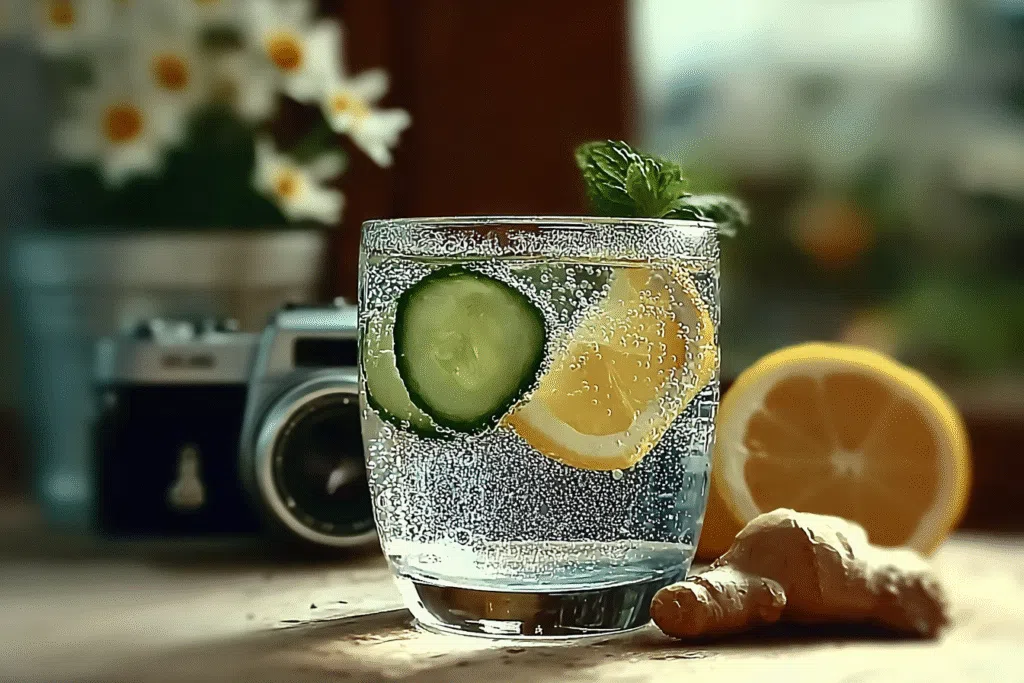 Glass of ice water with lemon, cucumber, mint, and ginger for weight loss