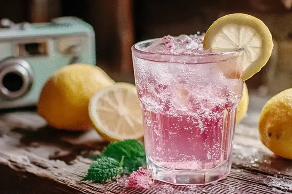 Refreshing pink salt diet recipe drink with lemon and mint on rustic table