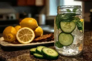 Glass jar of ice water with cucumber, mint, and lemon beside fresh lemons on a kitchen counter