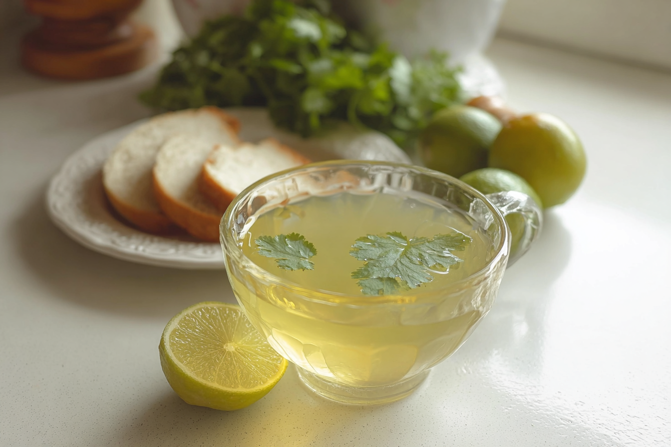Cup of lemon balm drink for weight loss with lime, fresh herbs, and bread on a white countertop