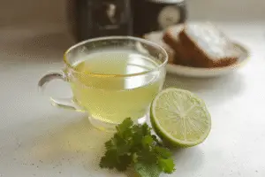 Glass cup of lemon balm drink for weight loss with fresh lime and herbs on kitchen counter