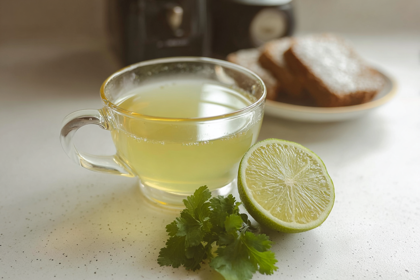 Glass cup of lemon balm drink for weight loss with fresh lime and herbs on kitchen counter