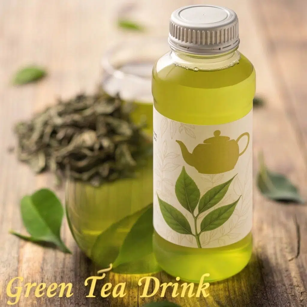 Bottle of green tea with fresh green tea leaves